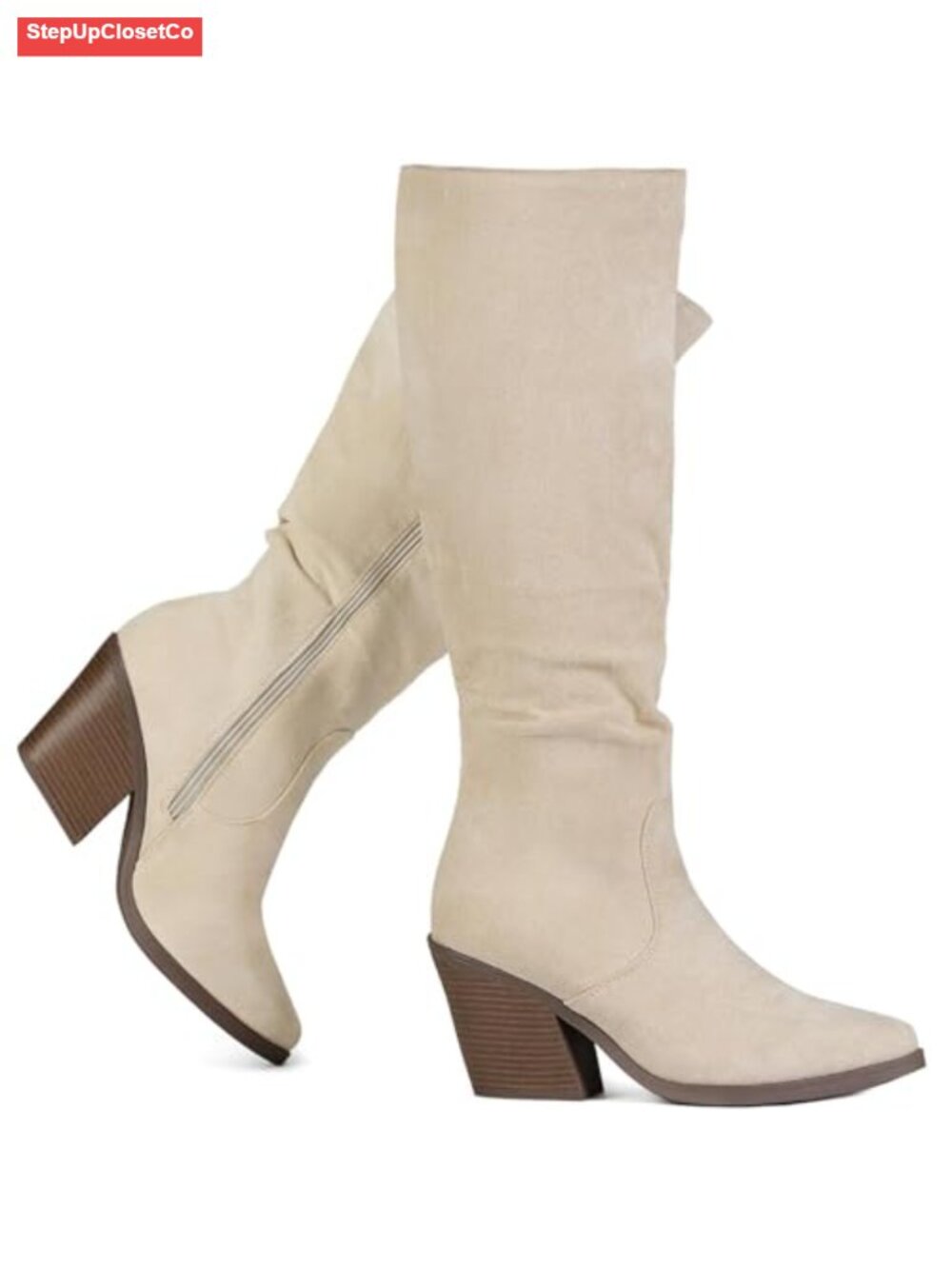 Faux Suede Knee High Boots Slouch Tall Chunky Heel Side Zip